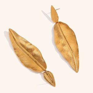 ◾️18k Gold Plated Statement Big Leaf Leaves Drop Earrings